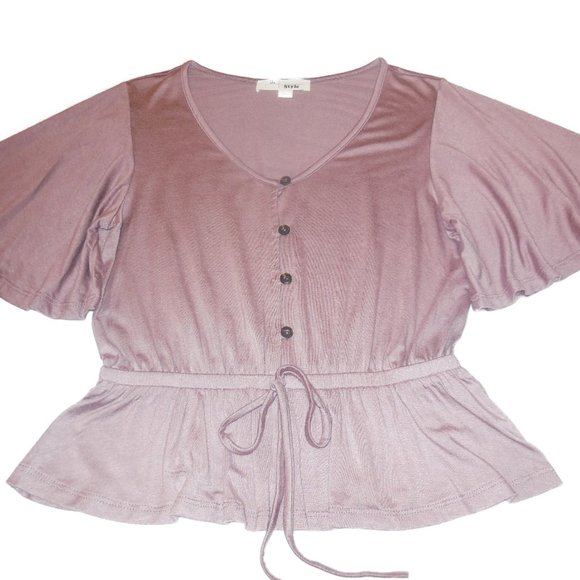 Blouse NEW short flared sleeve summer Top Knit button-down Shirt Cotton mauve - Picture 2 of 6